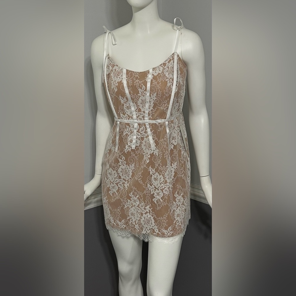 NEW For Love & Lemons‎ Cheyenne Lace Mini Dress M Revolve Nude Ivory Bridal